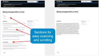 Two screenshots of a page giving the exact same information about ‘Being charged with a crime’. The first is split up into sections with headings making it easier to scan and scroll. The second contains the same information in just one paragraph