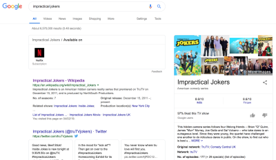 Screenshot of Google Chrome search results for Impractical Jokers