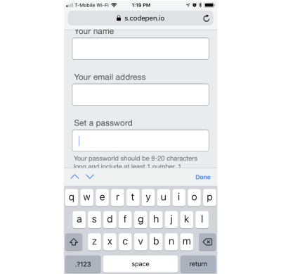 iOS' on-screen keyboard is obscuring information about password requirements on a