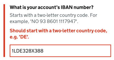 Gov.uk-inspired example with an error for an incorrect IBAN number.