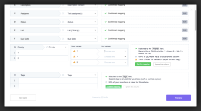 ClickUp data importer orange exclamation point warning symbols for values not present in the software