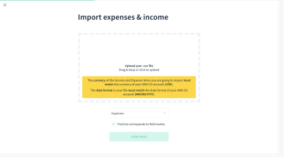 AND.CO expenses and income importer box: upload CSV file by clicking and selecting file or dragging and dropping it into the page