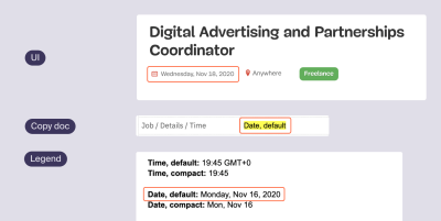 Three screenshots - how the date looks in the interface, how it is referred to throughout the copy doc, and how its basic form is stated in the legend