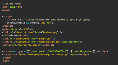 Screenshot of the a11y-dark theme, which uses red, green, teal, and gold colors on a dark gray background to highlight sample HTML and JavaScript code.