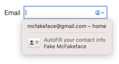 Screenshot of Safari autofill suggestion, showing the email, and below the profile