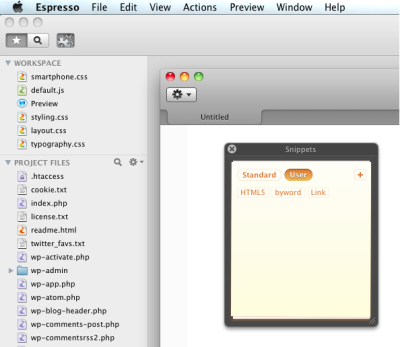 A screenshot of Snippets in Espresso