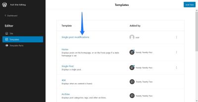 A screenshot of the list of templates in the Full-Site Editing editor