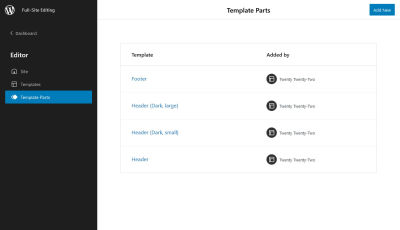 A screenshot of available template parts