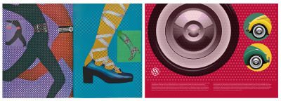 Left: Spread from Vanity Fair. Right: This design uses a CSS blend modes, clip-path, and SVG patterns.