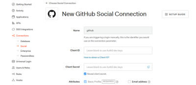Github connection credentials