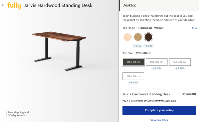 A screenshot of a product page on Fully.com showing a standing desk with both the Back and Next buttons positioned far from each other in order to avoid mistaps or misclicks.