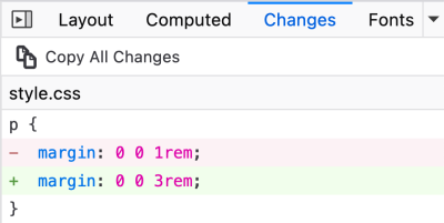 The “Changes” panel as shown in Firefox, in this case indicating a change on margins for the paragraph rule.