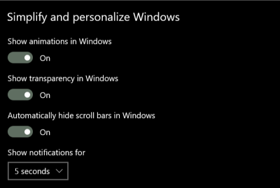 Screenshot of the Windows Simplify and Personalize Windows menu