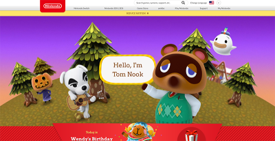 The Animal Crossing site with Tom Nook, a main character in the game, front and center.