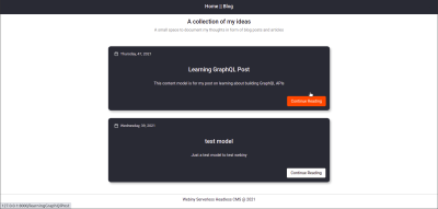 Gatsby blog application home page showing a list of content models from GraphQL API.