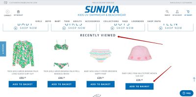 A screenshot of the website with added blocks of recently viewed items with product cards with fast 'Add to basket' buttons