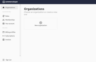 Commerce Layer developer account organizations dashboard