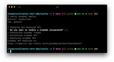 Terminal output after deploying the Sanity GraphQL API using the CLI.