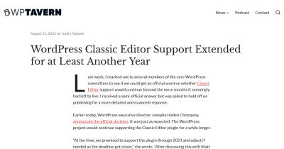 A screenshot of the article with the title 'WordPress classic editor support extended for at least another year'