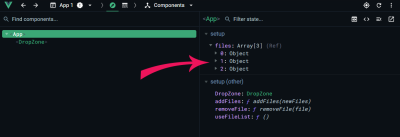 A screenshot with Vue Devtools showing the files we added