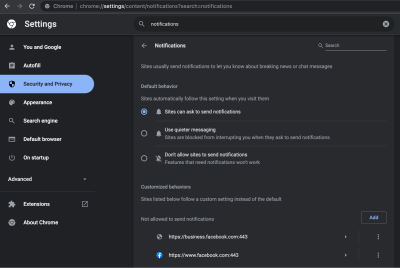 A screenshot of Chrome settings where notifications are on