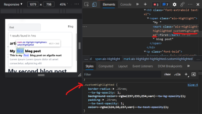 Screenshot of site and devtools showing custom css classes