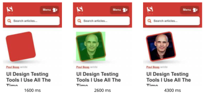 A screenshot of three images of the same Smashing Magazine article loading in mobile view. The first, labeled 1,600ms, has most of the page loaded except for the Author image which is instead shown as a red block. The second, labeled 2,600ms has the author image loaded and highlighted in green, while the third labeled 4,300ms looks no different to the second except without the green highlighting.