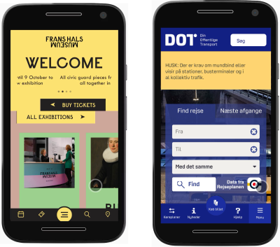 Frans Hals Museum and Danish Public Transport websites with 5 items appearing in the bottom menu. 