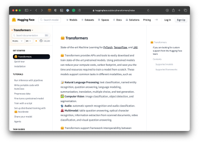 A screenshot of a pre-trained model from Hugging Face called Transformers