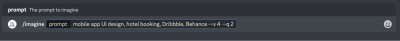 Midjourney tool with the text prompt ‘mobile app UI design, hotel booking, Dribbble, Behance --v 4 --q 2’