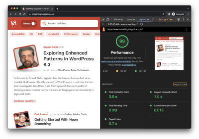 Lighthouse report on Smashing Magazine performance