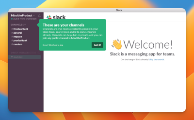 Screenshot from Slack onboarding with an open tooltip