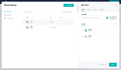 Block library fields settings to edit hero