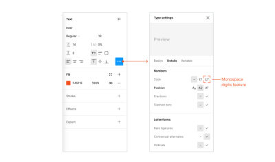 A screenshot showing where to find Monospaced digits feature in Figma