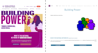 Side-by-side of the Figma view versus Google Sites view of a site. The Figma file has significantly more visual appeal, including custom fonts, colors, and graphics, while the Google Site is minimal visually but structurally the same.