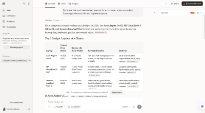 Perplexity AI comparing three budget laptops in a table.