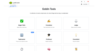 <a href='https://goblin.tools/'>Goblin.tools</a> dashboard.
