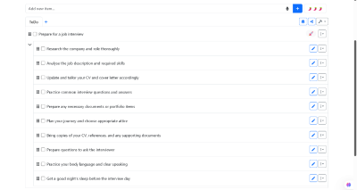 The checklist results of planning for a job interview.