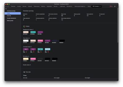 CSS Overview panel with the overview summary on colors