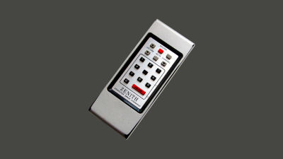 The Zenith Space Command remote, a sleek, metallic device with a number pad, volume, and channel controls. Its refined design closely resembles modern TV remotes.