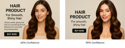 Comparison of two hair product ads showing the same model, with the simplified design on the right labeled 90% confidence and the text-heavy design on the left labeled 60% confidence.