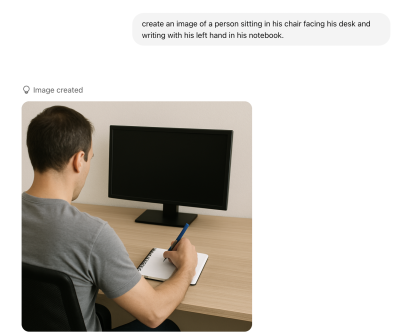 Promt, which reads: create an image of a person sitting in his chair facing his desk and writing with his left hand in his notebook, and the image created for it.