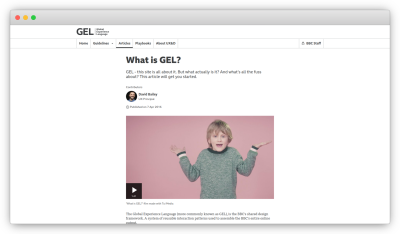 A screenshot from Global Experience Language website, which includes guidelines, articles, and playbooks on its menu