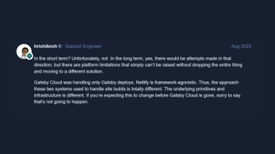 Netlify forum message from a support engineer.