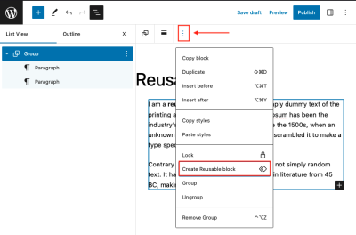 Contextual menu to create reusable blocks