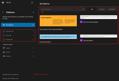 My Patterns screen in the Site Editor