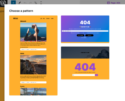 Showing the Choose a pattern modal window of the page 404 template, with two newly added starter patterns