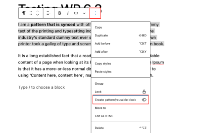 Create pattern option in the block inserter