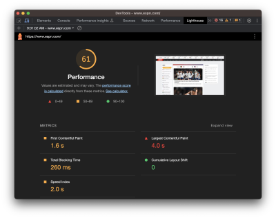 A screenshot of DevTools on espn.com with 61 scores on performance and total blocking time equals to 260ms