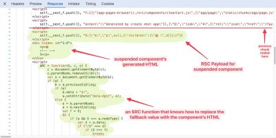 Static HTML and RSC Payload replacing suspended fallback values.